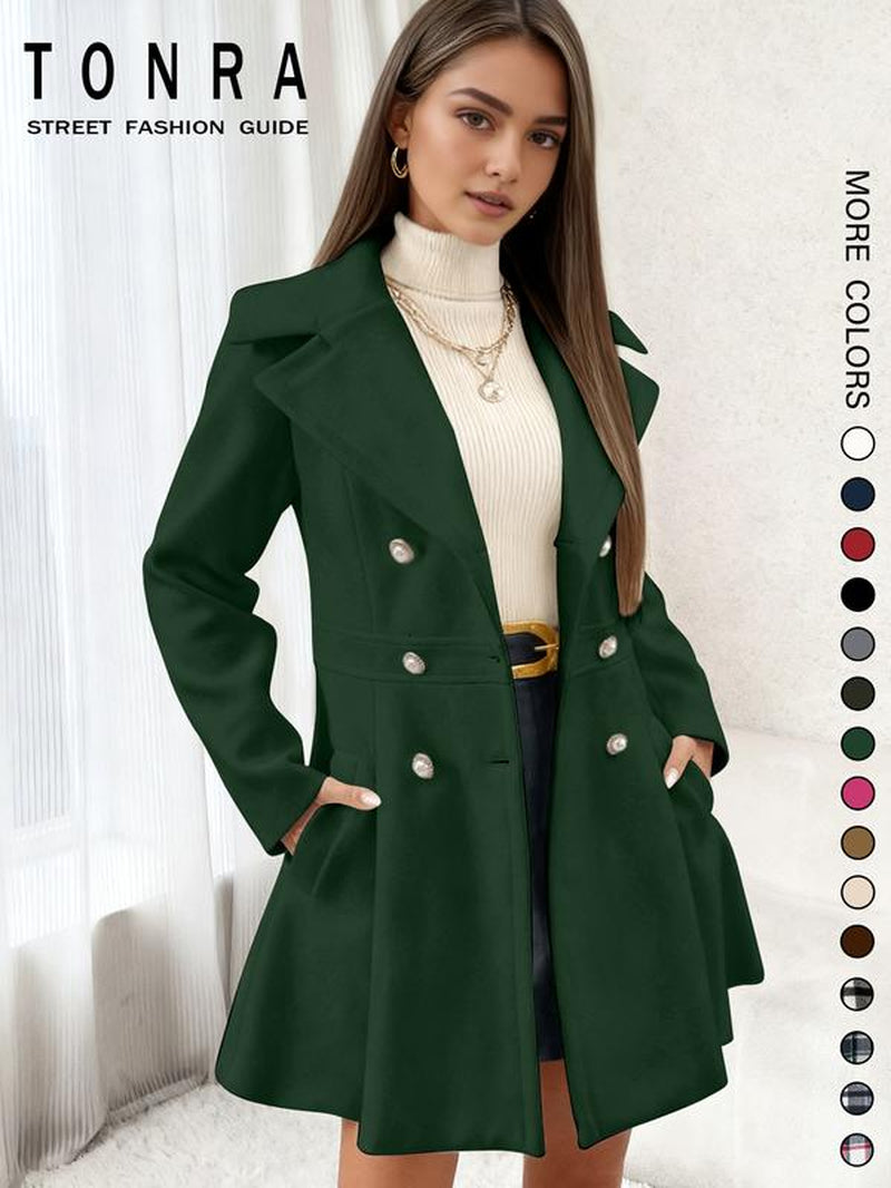 Women'S Solid Color Double Button Lapel Coat, Elegant Fashion Long Sleeve Pocket Design Coat for Daily Outdoor Wear, Women Clothing for Fall & Winter
