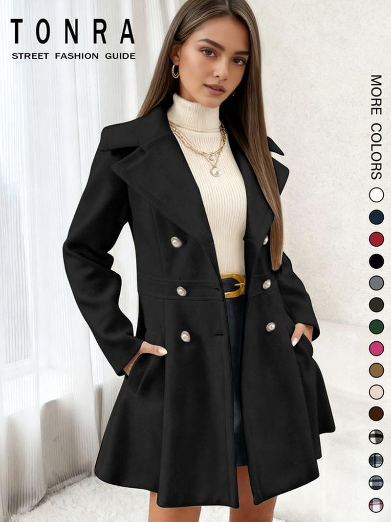 Women'S Solid Color Double Button Lapel Coat, Elegant Fashion Long Sleeve Pocket Design Coat for Daily Outdoor Wear, Women Clothing for Fall & Winter