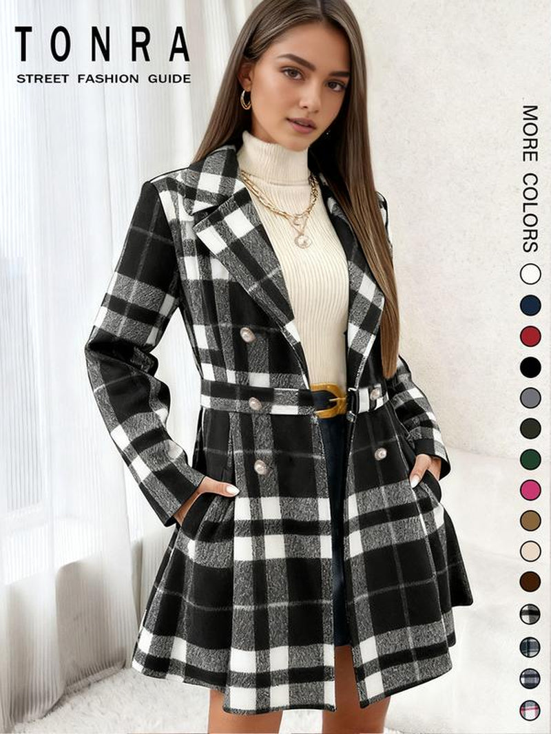 Women'S Solid Color Double Button Lapel Coat, Elegant Fashion Long Sleeve Pocket Design Coat for Daily Outdoor Wear, Women Clothing for Fall & Winter
