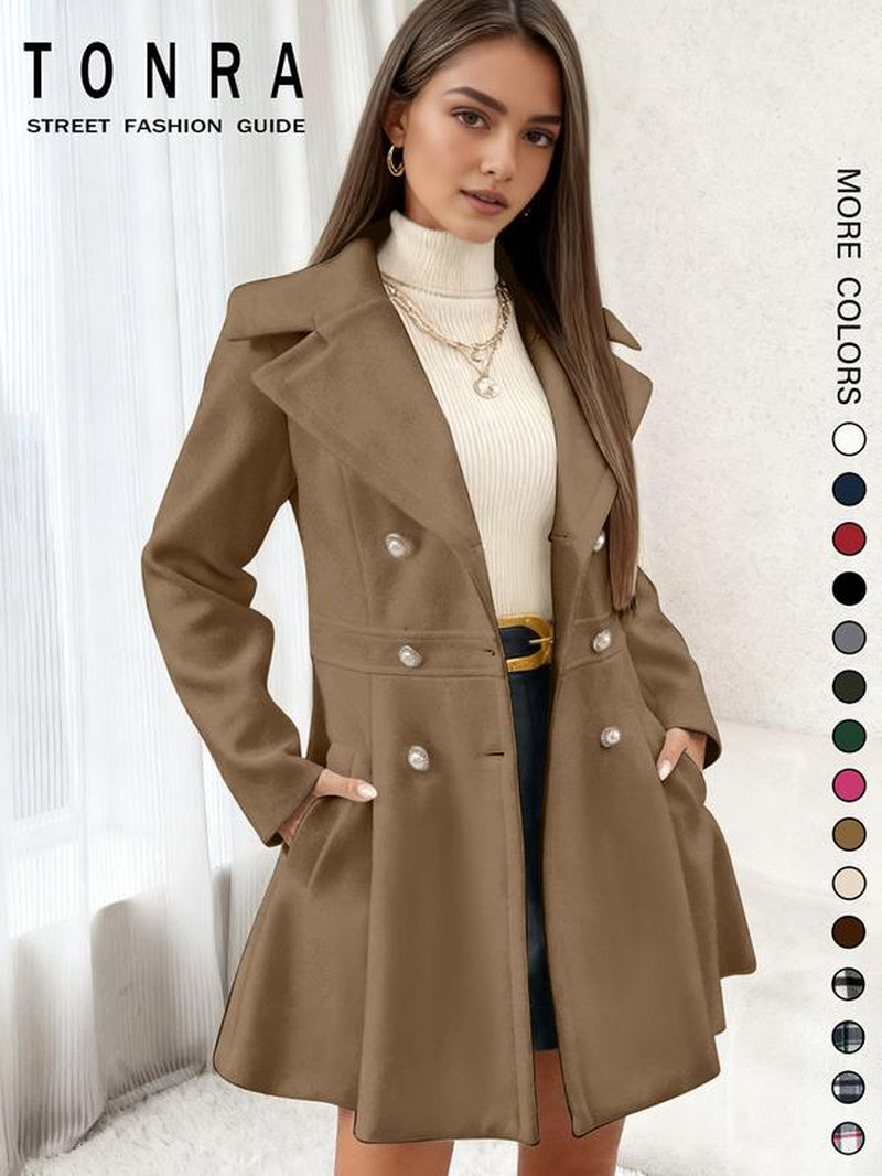 Women'S Solid Color Double Button Lapel Coat, Elegant Fashion Long Sleeve Pocket Design Coat for Daily Outdoor Wear, Women Clothing for Fall & Winter
