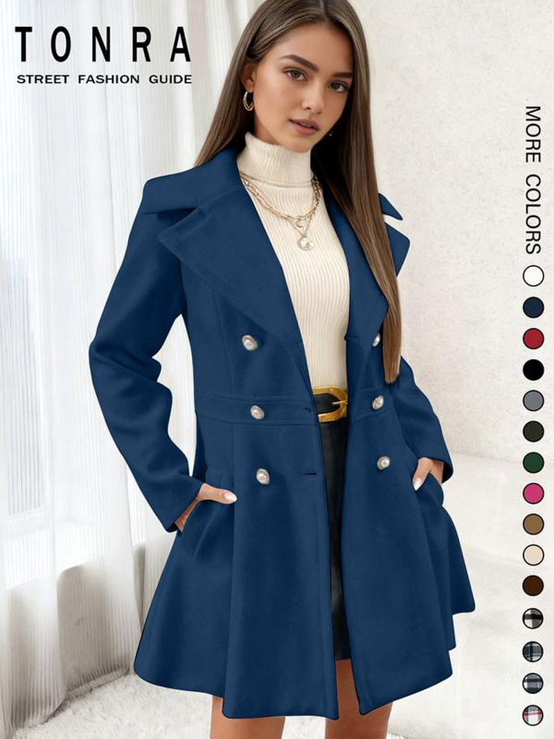 Women'S Solid Color Double Button Lapel Coat, Elegant Fashion Long Sleeve Pocket Design Coat for Daily Outdoor Wear, Women Clothing for Fall & Winter