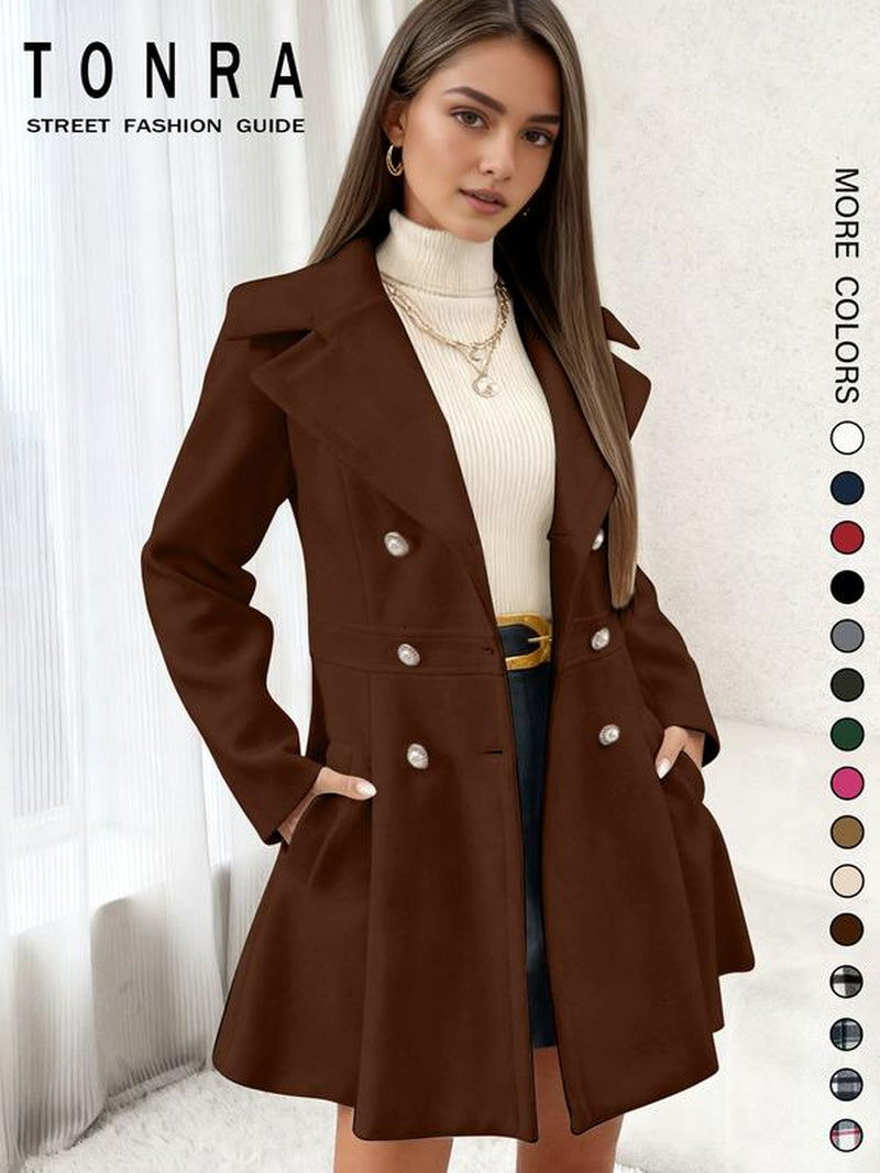 Women'S Solid Color Double Button Lapel Coat, Elegant Fashion Long Sleeve Pocket Design Coat for Daily Outdoor Wear, Women Clothing for Fall & Winter