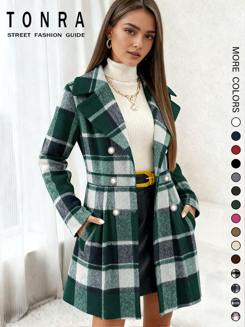 Women'S Solid Color Double Button Lapel Coat, Elegant Fashion Long Sleeve Pocket Design Coat for Daily Outdoor Wear, Women Clothing for Fall & Winter