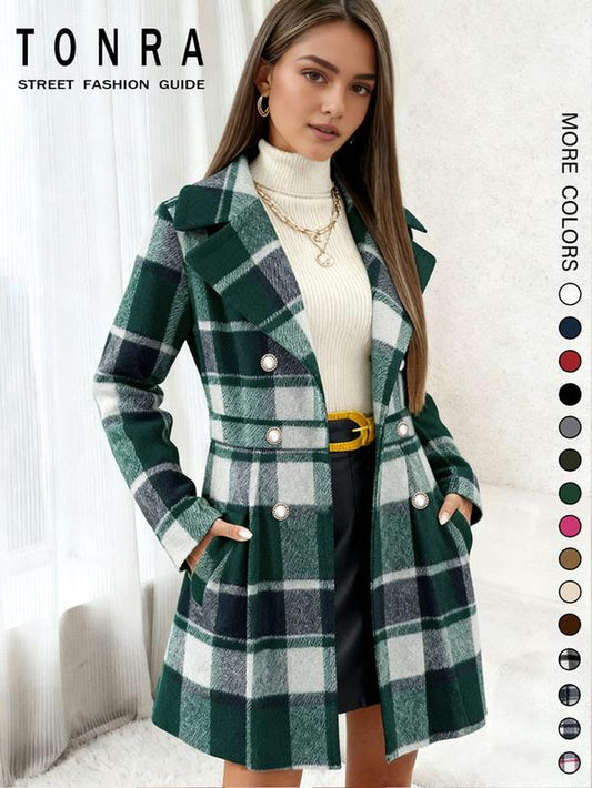 Women'S Solid Color Double Button Lapel Coat, Elegant Fashion Long Sleeve Pocket Design Coat for Daily Outdoor Wear, Women Clothing for Fall & Winter