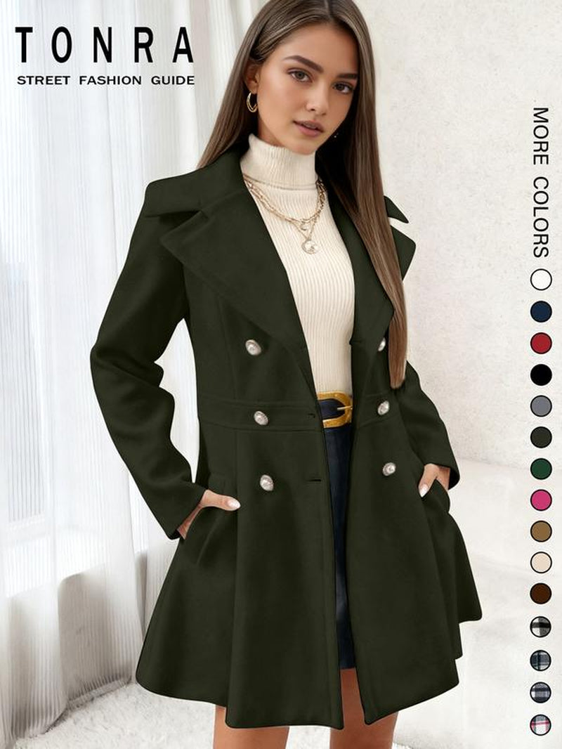Women'S Solid Color Double Button Lapel Coat, Elegant Fashion Long Sleeve Pocket Design Coat for Daily Outdoor Wear, Women Clothing for Fall & Winter