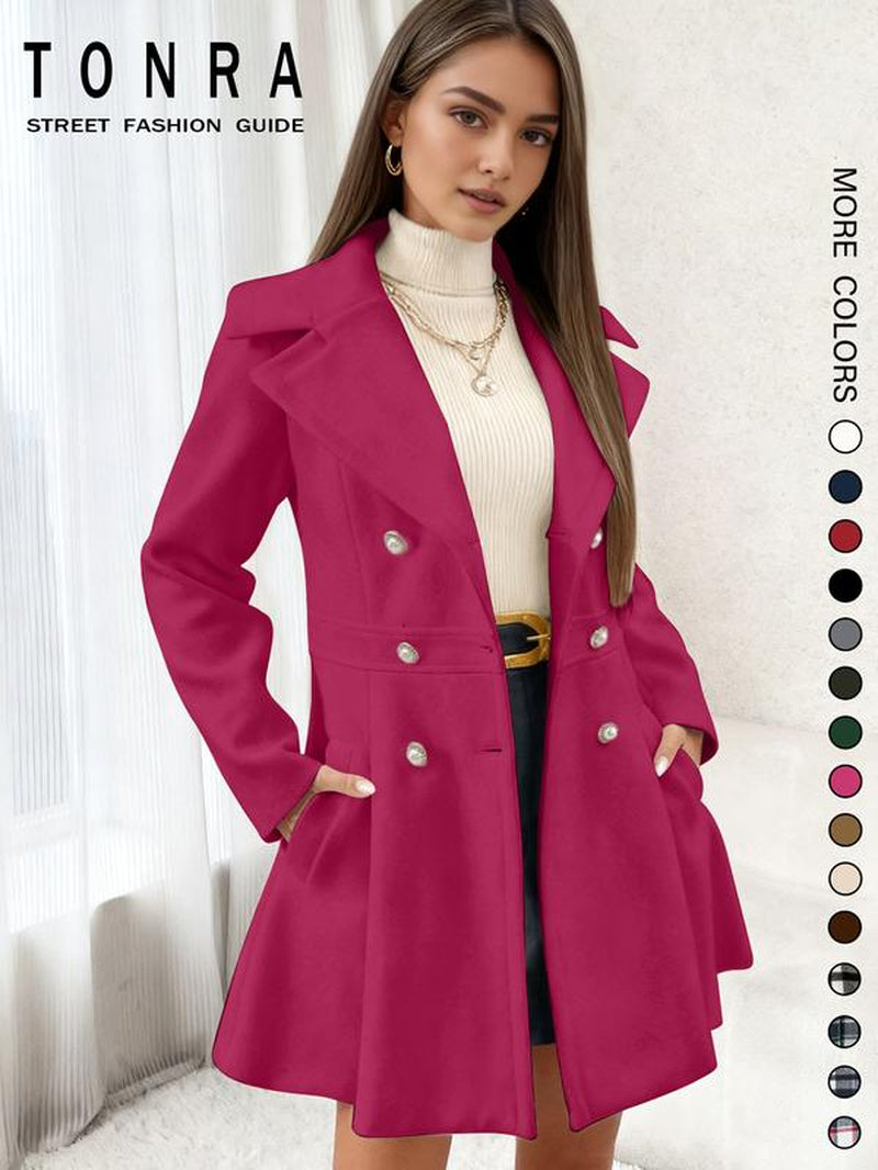 Women'S Solid Color Double Button Lapel Coat, Elegant Fashion Long Sleeve Pocket Design Coat for Daily Outdoor Wear, Women Clothing for Fall & Winter