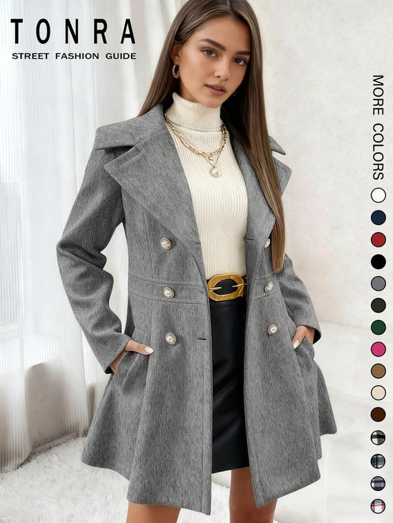 Women'S Solid Color Double Button Lapel Coat, Elegant Fashion Long Sleeve Pocket Design Coat for Daily Outdoor Wear, Women Clothing for Fall & Winter