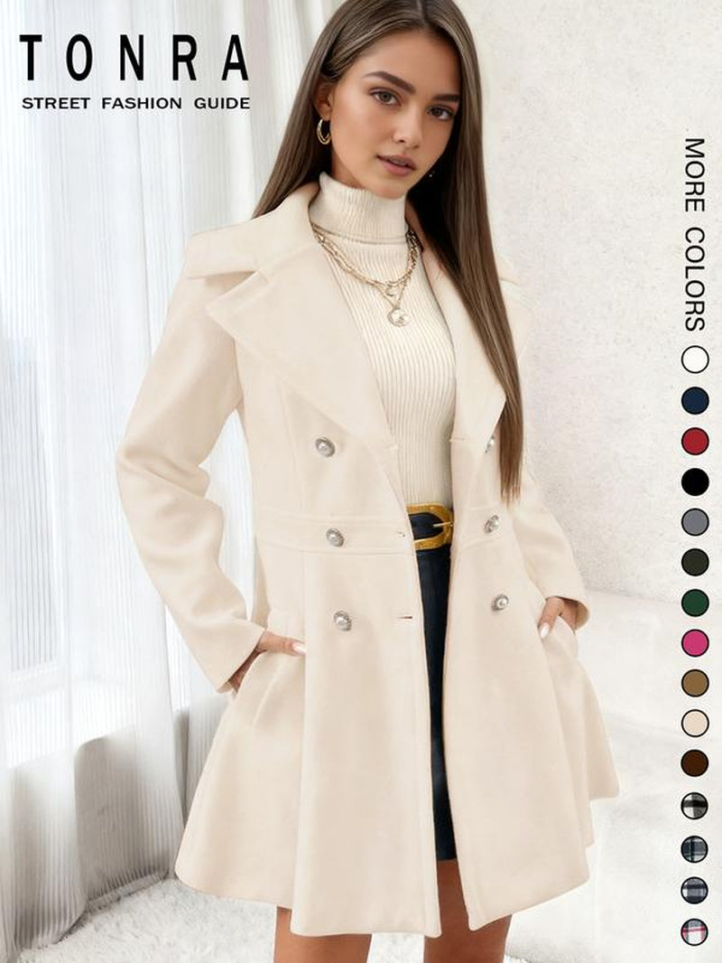 Women'S Solid Color Double Button Lapel Coat, Elegant Fashion Long Sleeve Pocket Design Coat for Daily Outdoor Wear, Women Clothing for Fall & Winter