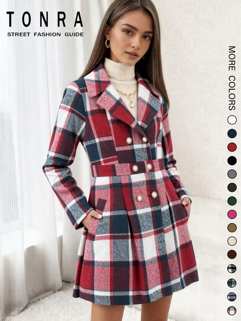 Women'S Solid Color Double Button Lapel Coat, Elegant Fashion Long Sleeve Pocket Design Coat for Daily Outdoor Wear, Women Clothing for Fall & Winter
