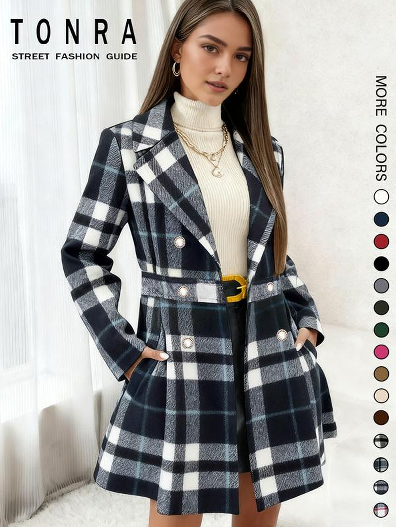 Women'S Solid Color Double Button Lapel Coat, Elegant Fashion Long Sleeve Pocket Design Coat for Daily Outdoor Wear, Women Clothing for Fall & Winter