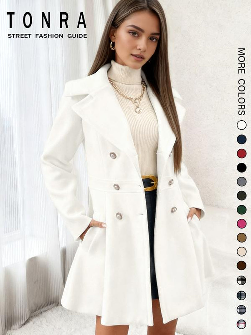 Women'S Solid Color Double Button Lapel Coat, Elegant Fashion Long Sleeve Pocket Design Coat for Daily Outdoor Wear, Women Clothing for Fall & Winter