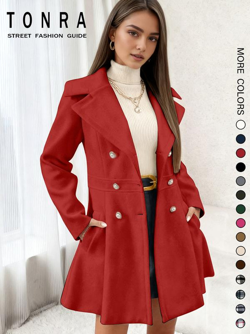 Women'S Solid Color Double Button Lapel Coat, Elegant Fashion Long Sleeve Pocket Design Coat for Daily Outdoor Wear, Women Clothing for Fall & Winter